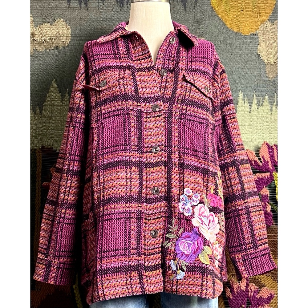 Johnny Was Pink & Purple Plaid Embroidered Pea Coat